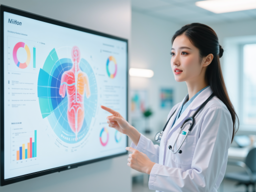 医疗健康场景,显示医学影像分析界面,医生查看诊断结果,医院环境背景