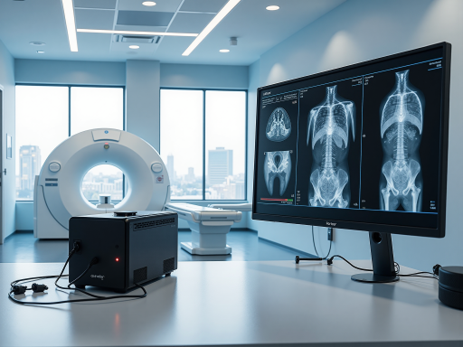 医院影像诊断系统案例,显示CT扫描图像分析界面,医生查看诊断报告,医疗设备背景